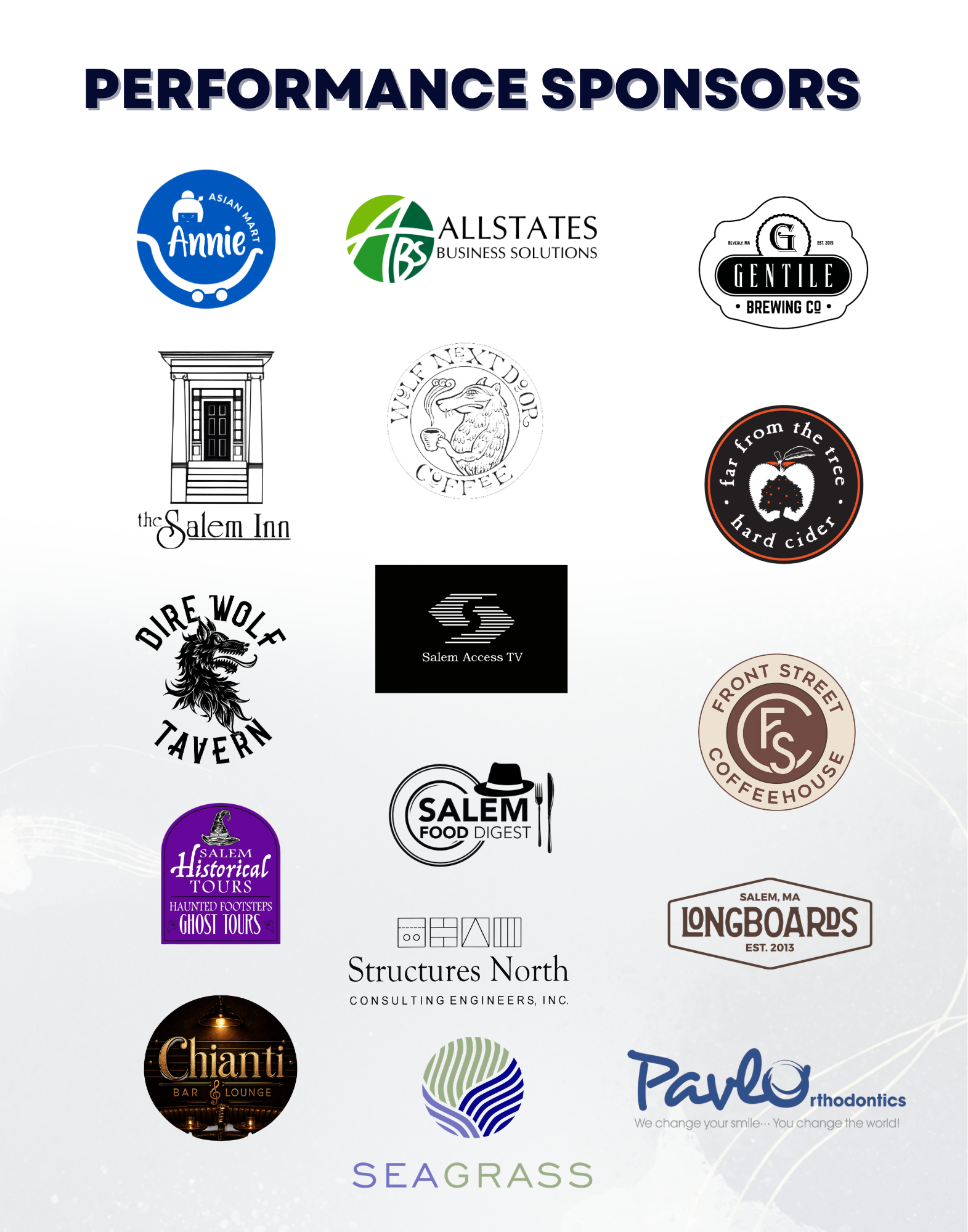 Collage of various business and organization logos, including Salem Historical Tours, Chianti Bar and Lounge, Pavo Orthodontics, Seagrass, Salem Food Digest, Longboards, Structures North, and others.