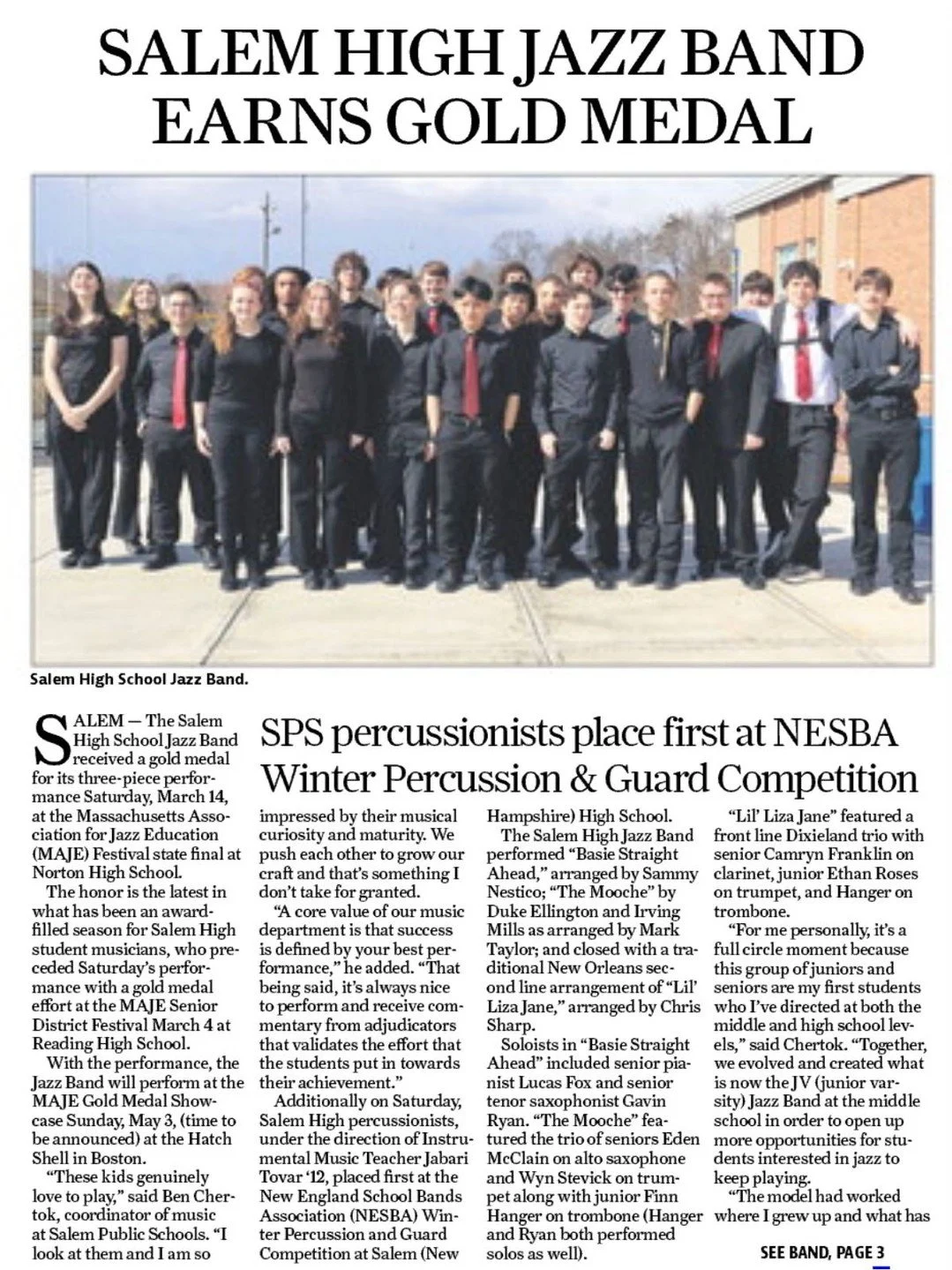 Salem High School Jazz Band just earned a gold medal at the Massachusetts Association for Jazz Education Festival state final -- their second gold this season after taking top honors at the MAJE Senior District Festival earlier this month.

Thanks to