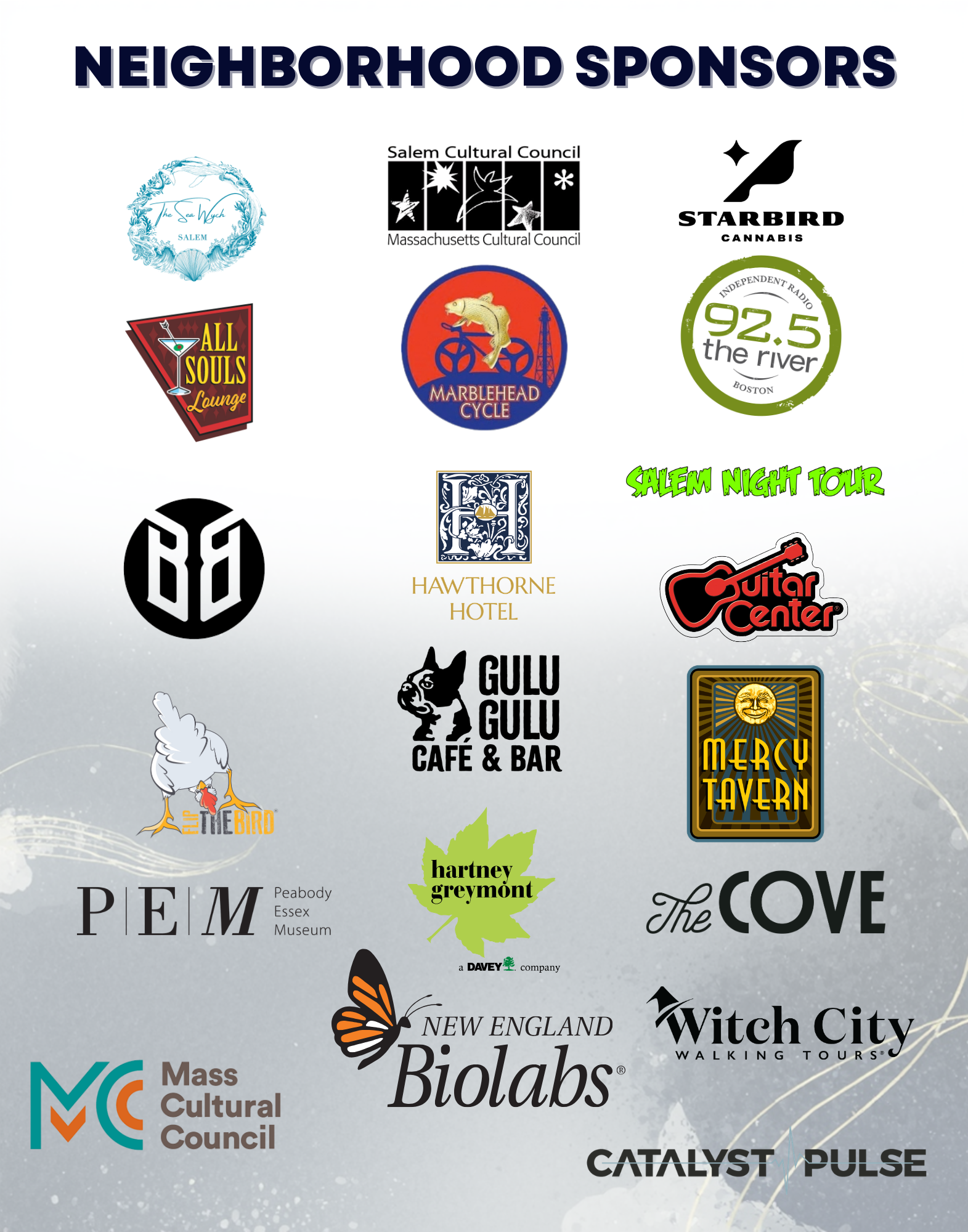 Celebratory graphic displaying various logos of sponsors and partners, including local government, cultural organizations, media outlets, and businesses, with the title 'Neighborhood Sponsors' at the top and 'Salem Night Tour' written in green at the bottom right.