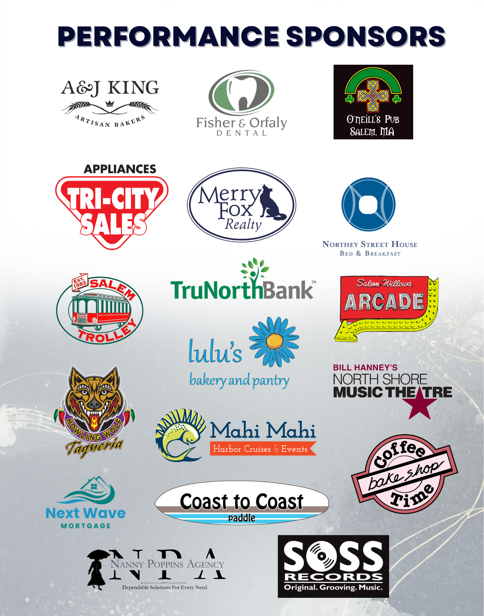A collage of various local business logos, including restaurants, realty, financial institution, entertainment, and service companies, with the title 'Performance Sponsors' at the top.