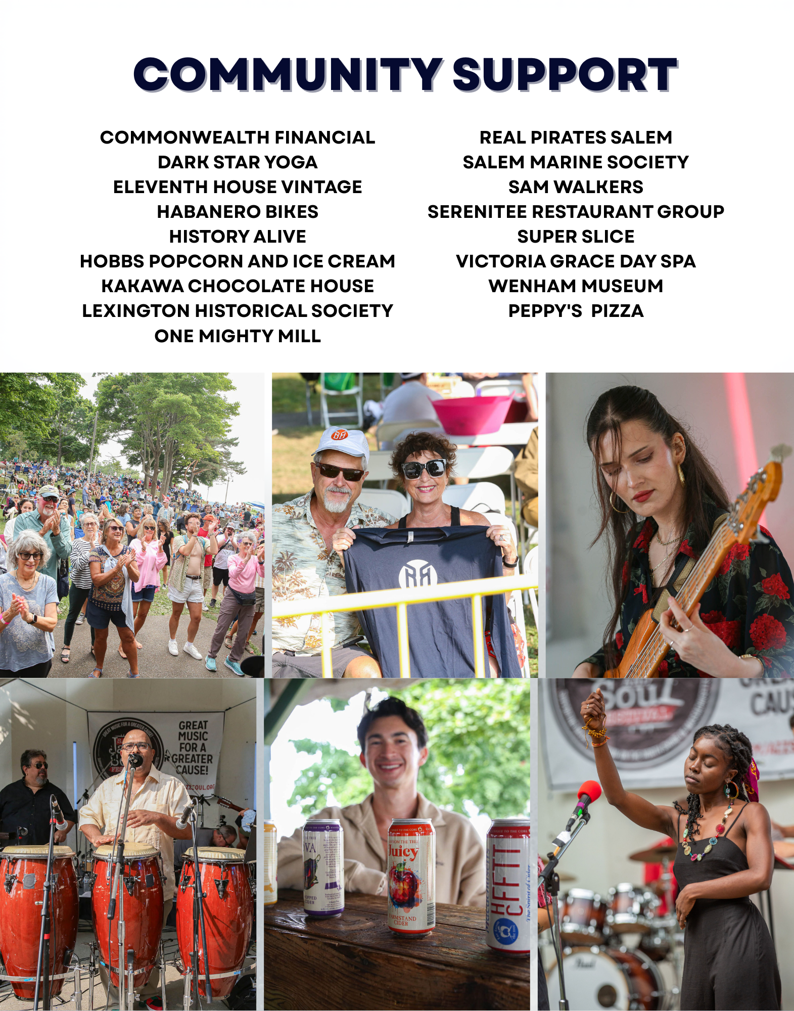 A collage with a list of community support organizations at the top and various photos below showing people at an outdoor event, including an audience clapping, a man and woman sitting with a pink bowl, a woman playing guitar, a person speaking at a microphone, a smiling man, and a woman raising her hand at a microphone, with musical instruments and drinks visible.