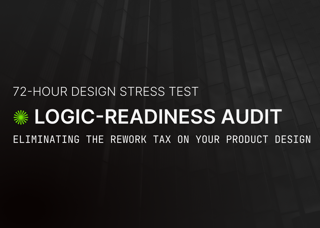 Dark themed promotional graphic for a 72-hour design stress test called 'Logic-Readiness Audit' with the subtitle 'Eliminating the rework tax on your product design'.
