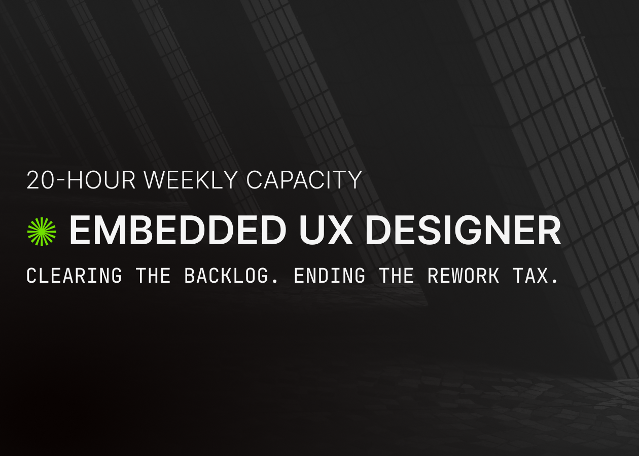 A digital graphic promoting a 20-hour weekly capacity for embedded UX designers, with a dark background of a modern building facade and green accents.