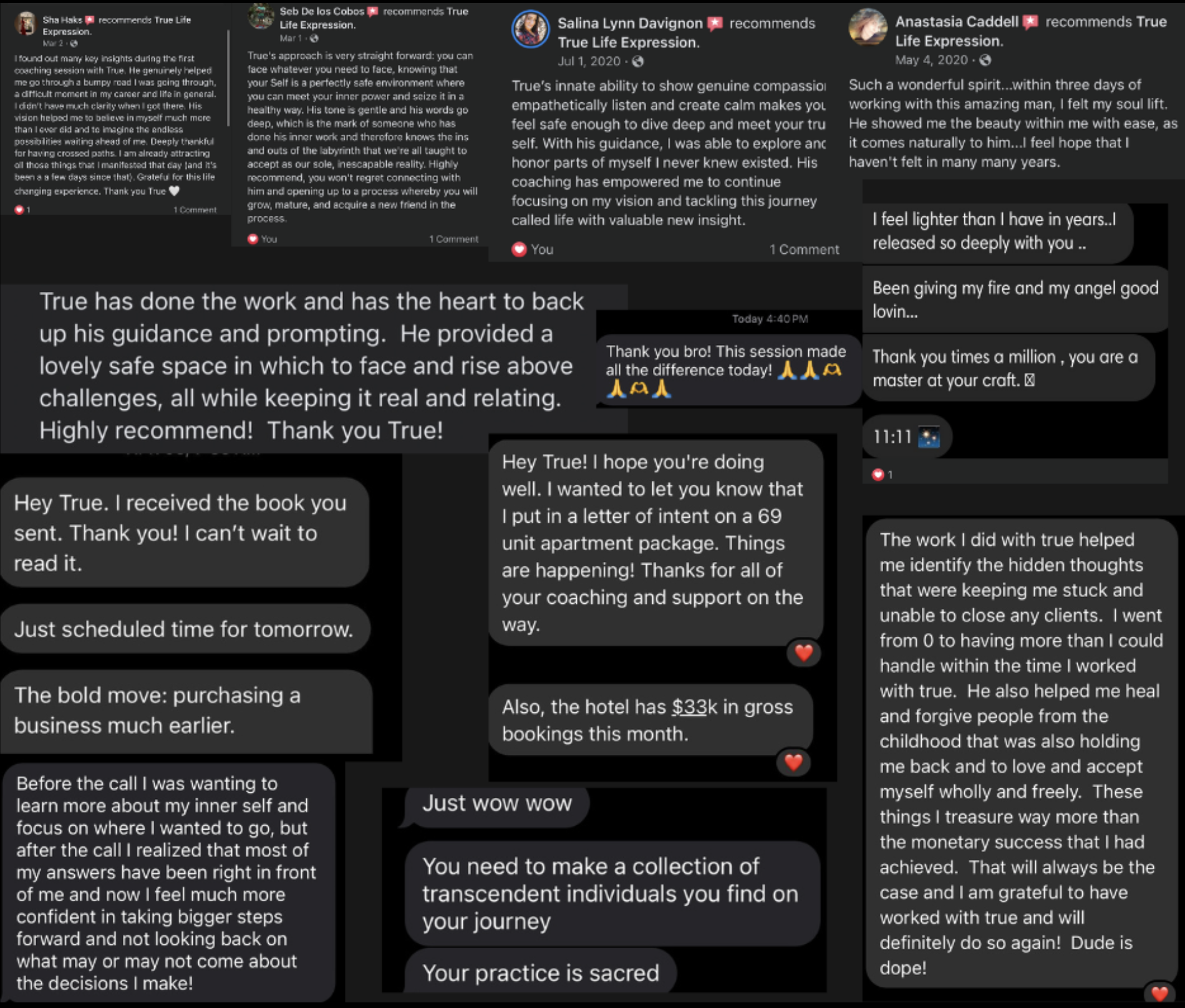 Collage of positive reviews and testimonials for True Life Expression, indicating customer satisfaction and personal growth. Featured phrases include praise for coaching, emotional release, spiritual insights, and success in personal and business end