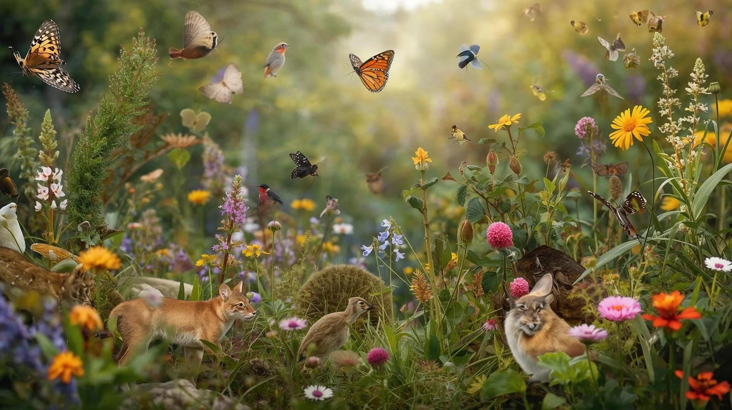 A vibrant forest scene filled with various colorful flowers, butterflies, and small birds flying amidst lush greenery. Two small wild cats are present among the flowers, and there is a dense background of trees and foliage.