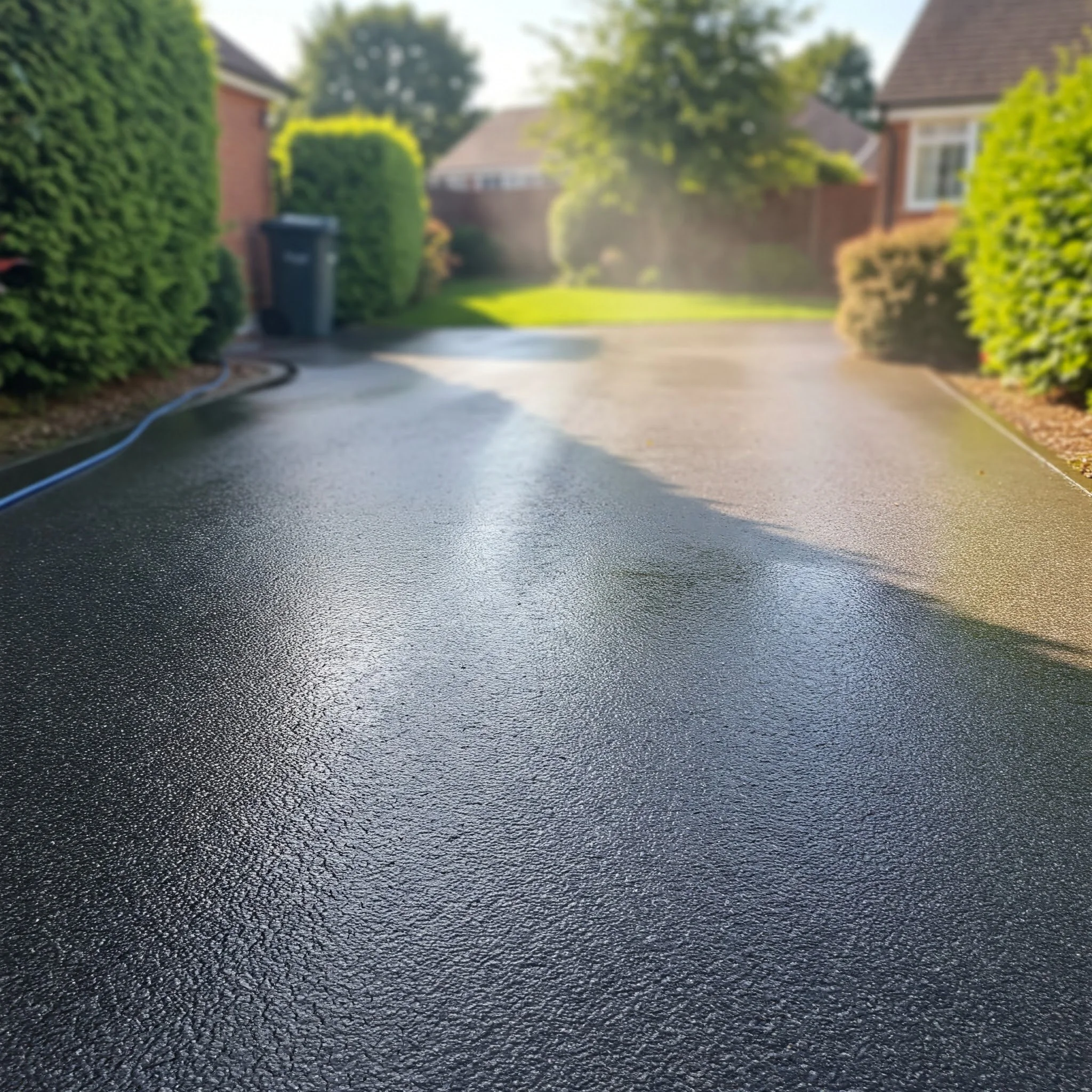 Freshly washed driveway with water reflection in front of suburban houses and greenery