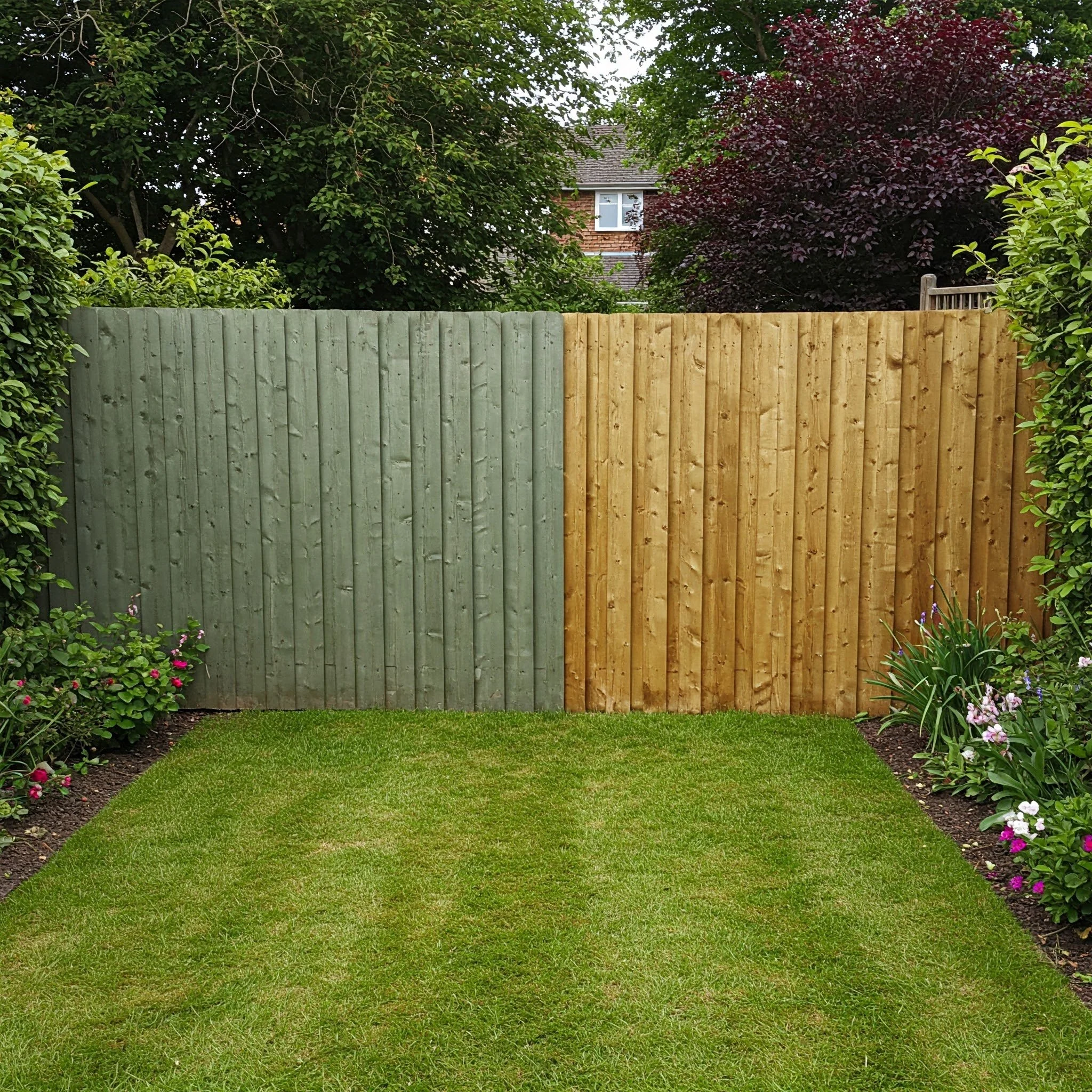 A backyard garden with a green lawn, bordered by flowering plants, and divided by a wooden fence painted two different colors: left side green and right side natural wood.