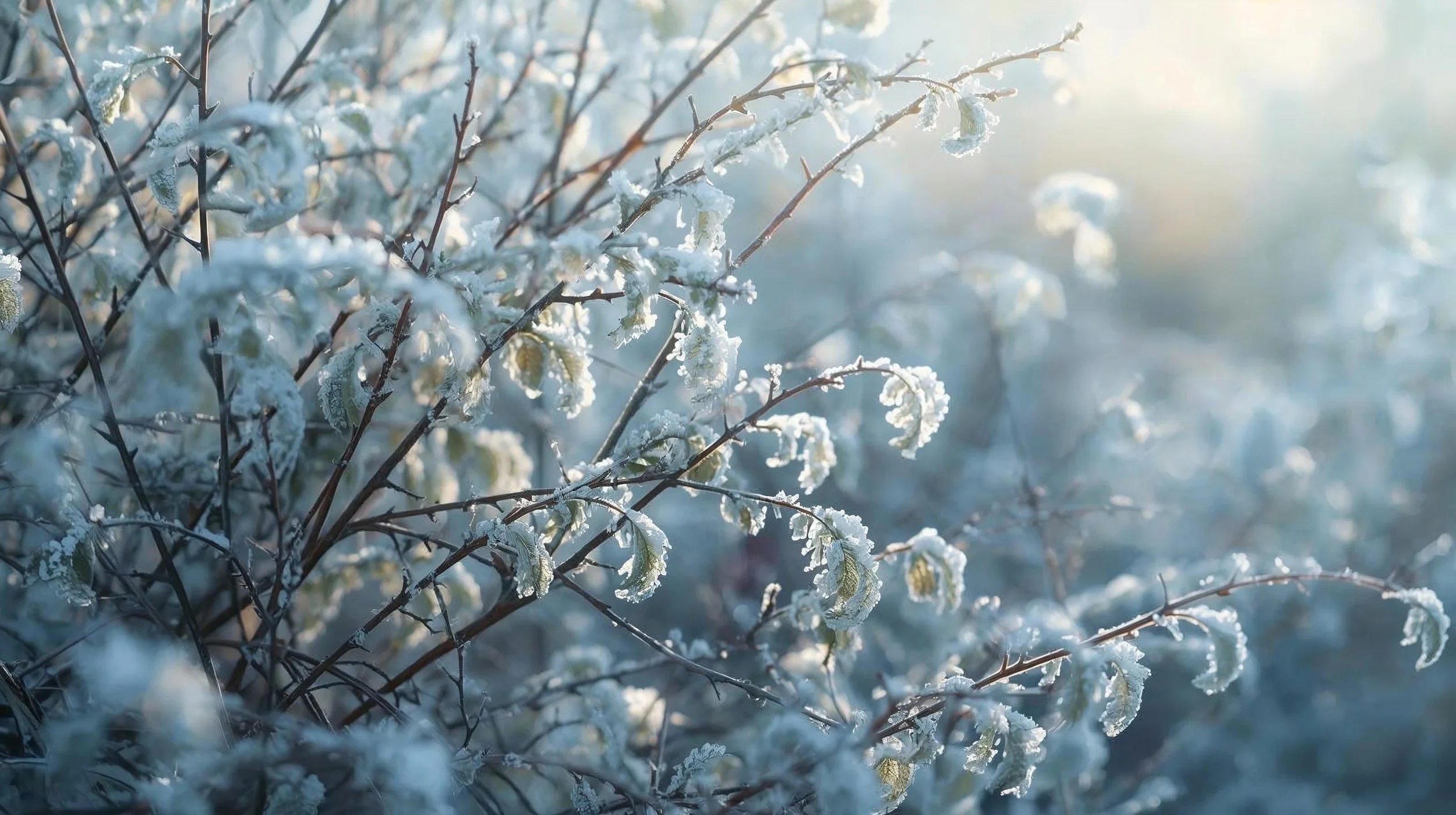 Frost-covered branches and leaves with sunlight in the background.