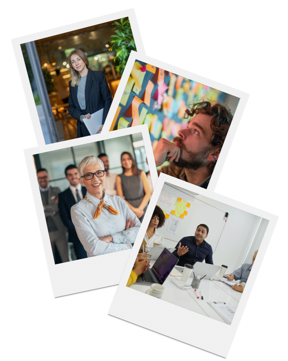 four polaroid images overlaying each other with images of leaders in each.