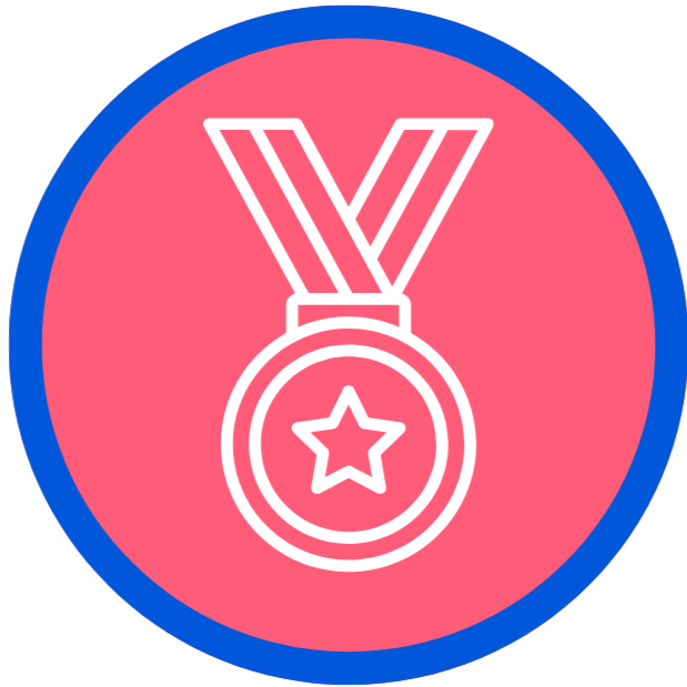 A pink circle with a blue outline and an icon image of a medal to represent leading for years.
