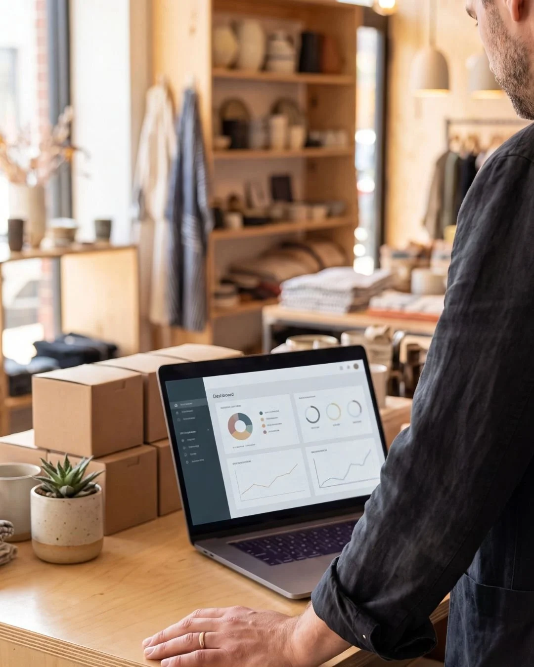Man standing over a laptop in a room where there is packaging for his own business.