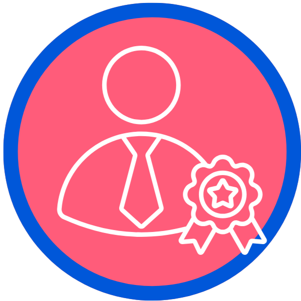 pink circle with blue outline and an incon of a person wearing a tie with a rossette to represent experience.