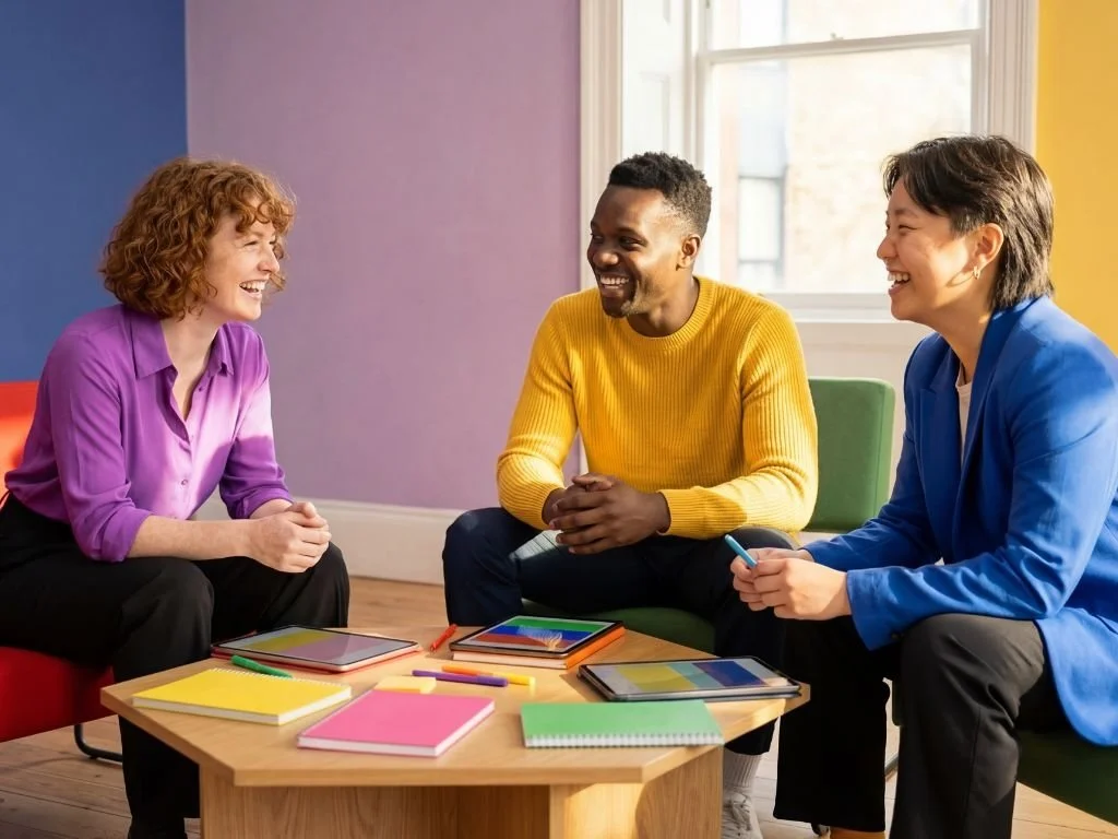 Three people wearing bright clothing, sitting around a table, to represent the founder members of the Not Winging It Leadership Club