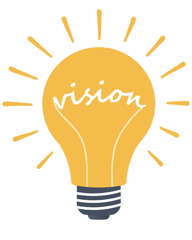 drawing of a yellow lightbulb with the word vision written in white inside it.