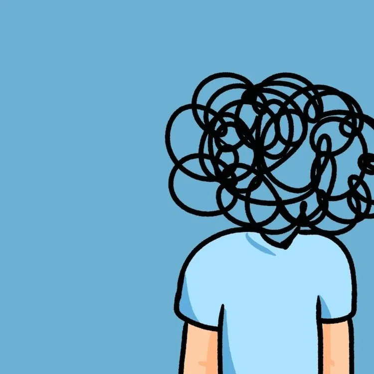 Image of a head made up of black scribbles on a blue background to represent why capable leaders stay stuck in the doing of strategy