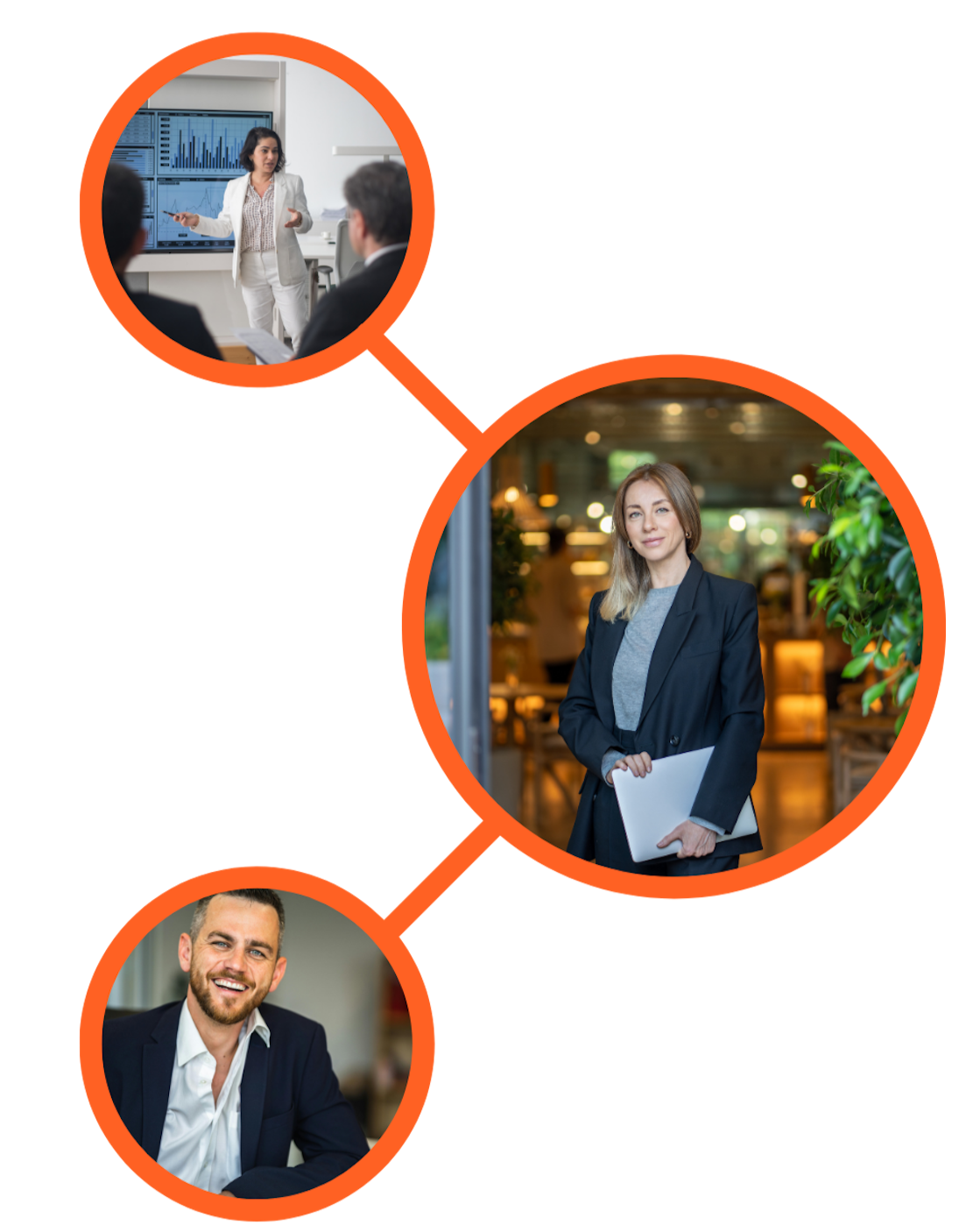 Three connected orange circles with 2 images of female leaders and one male leader, all suited and smart.