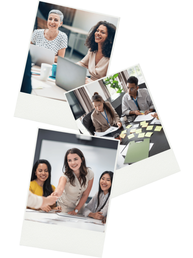 Three polaroid images of teams working together.