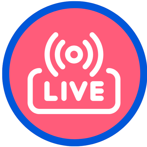 A pink circle with a blue outline and a whit4e LIVE icon to represent attending the sessions live in Better Leaders Together.
