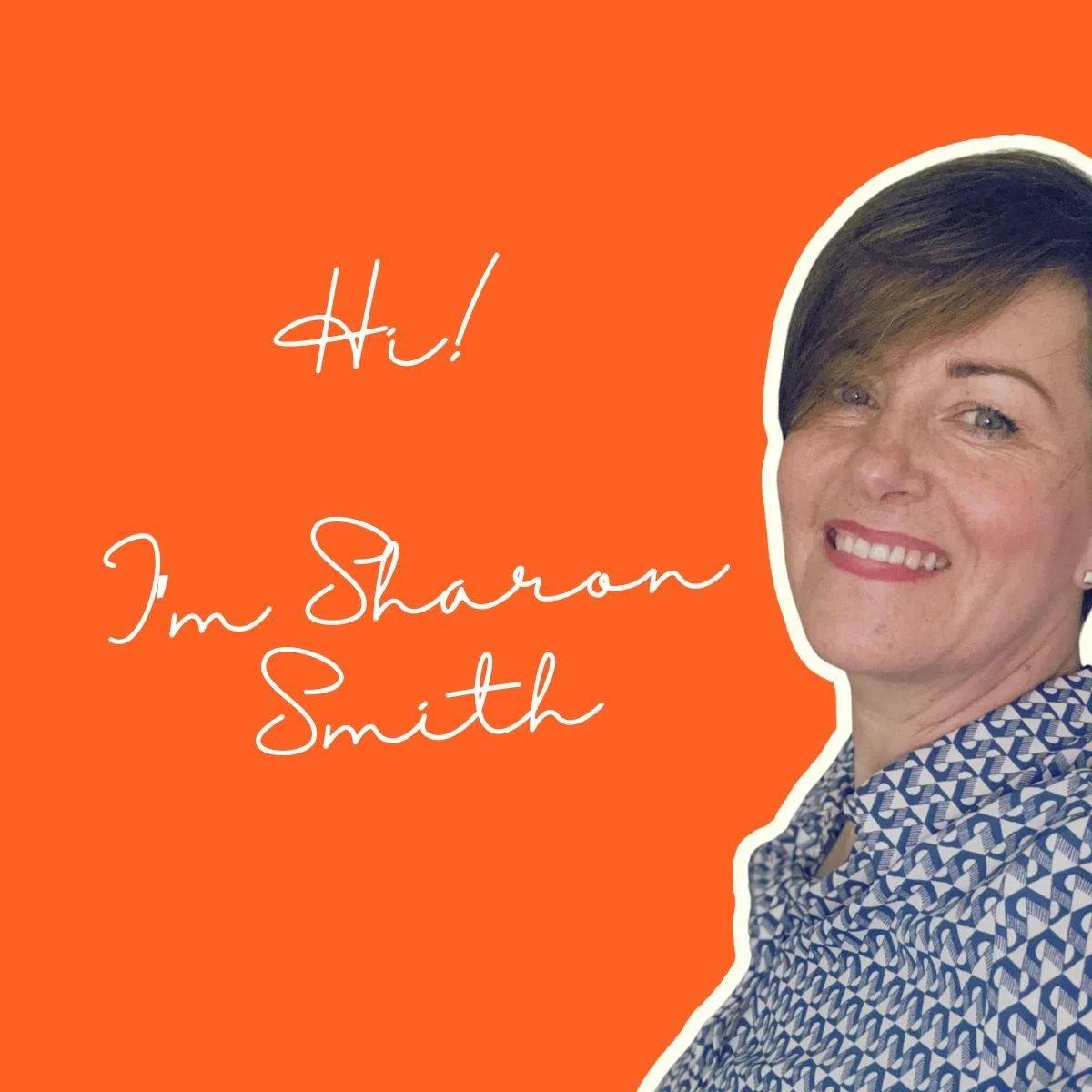 Image of Sharon Smith of Own Your Leadership, wearing a blue shirt. She has dark, short hair, is standing side on, and there is white text on an orange background which says 'hi, I'm Sharon Smith' and she is inviting you to contact us for leadership