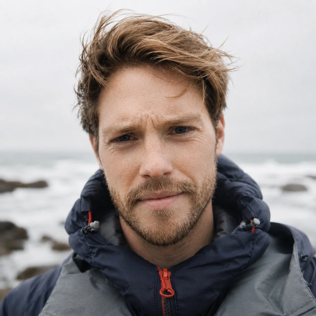 Close-up of a man with reddish-brown hair and beard, wearing a dark hooded jacket, standing outdoors near rocks and ocean.