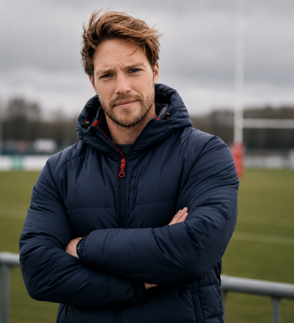 A man with light brown hair and a beard wearing a navy blue puffer jacket, standing outdoors with arms crossed on a sports field, under a cloudy sky.
