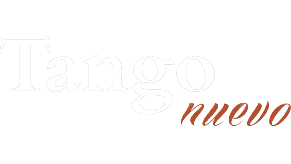 Tango Nuevo official brand logo:  The image features the words "Tango nuevo" with "Tango" in large white letters and "nuevo" in smaller brown cursive font on a black background.
