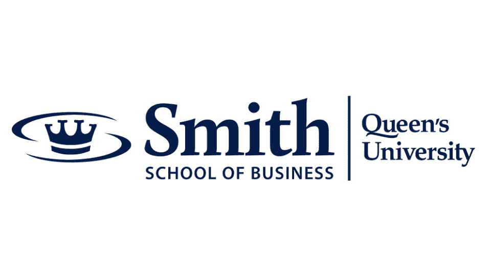 The logo of Queen's University Smith School of Business, featuring a stylized crown and swirl design with the text 'Smith School of Business Queen's University' in a dark blue color.