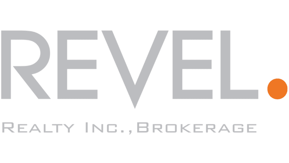 Revel Kingston - official brand logo:  with the word 'REVEL' in large gray letters and an orange dot, and 'Realty Inc., Brokerage' in smaller gray letters belo
