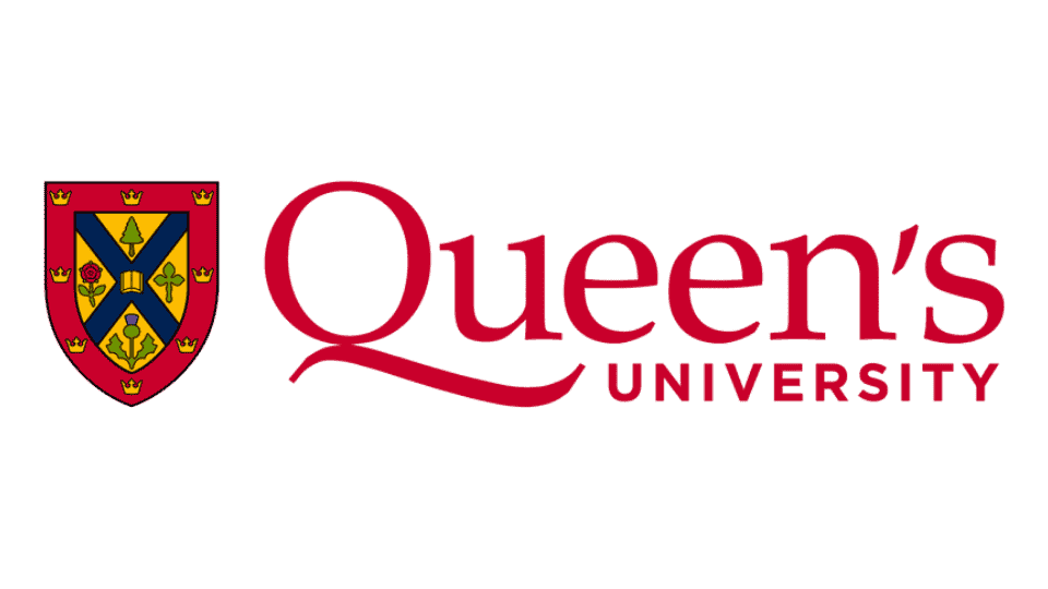 The Queen's University logo with a shield featuring a cross and various symbols, and the words 'Queen's University' in maroon and black text.