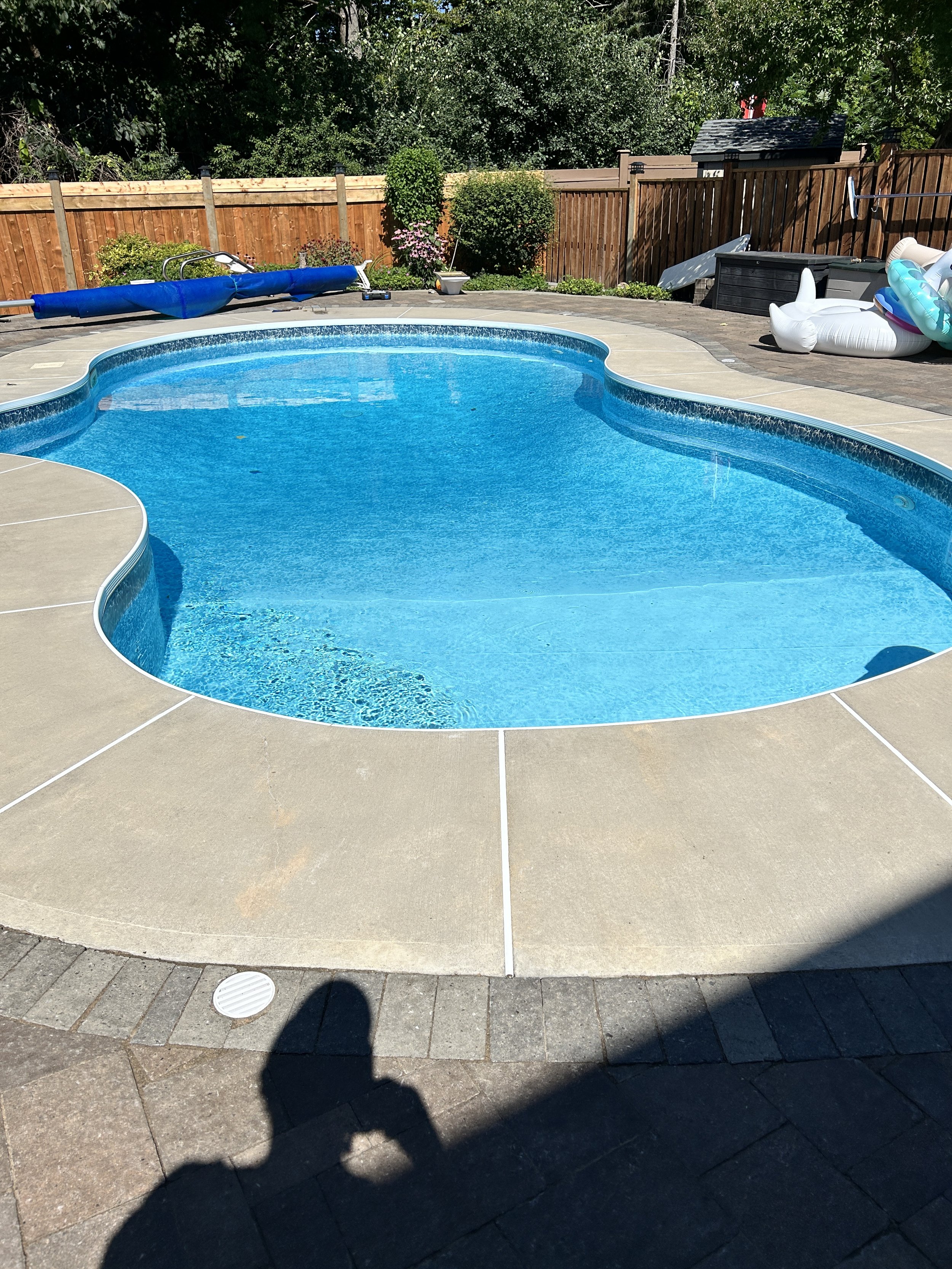 A backyard swimming pool with a blue finish, surrounded by a concrete deck, a wooden privacy fence, and various outdoor items including inflatable pool floats and pool cleaning equipment.