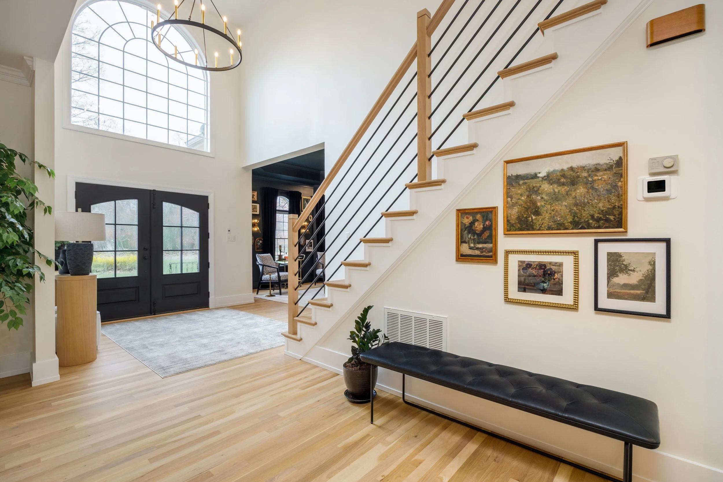 Modern railings, white oak floors