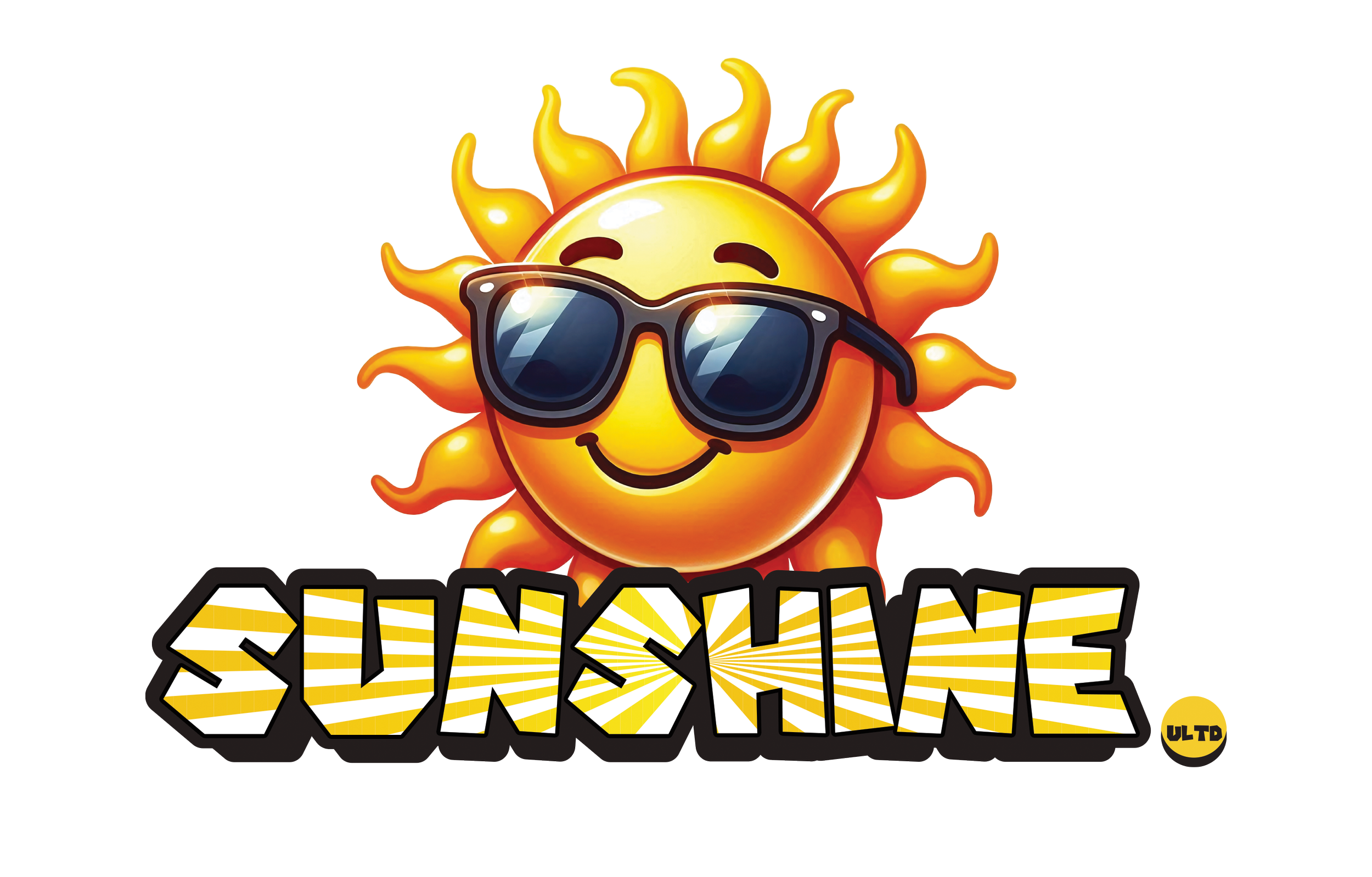 A cartoon sun with sunglasses and a smiling face, and the word 'SUNSHINE' in bold, stylized yellow and white letters beneath it.