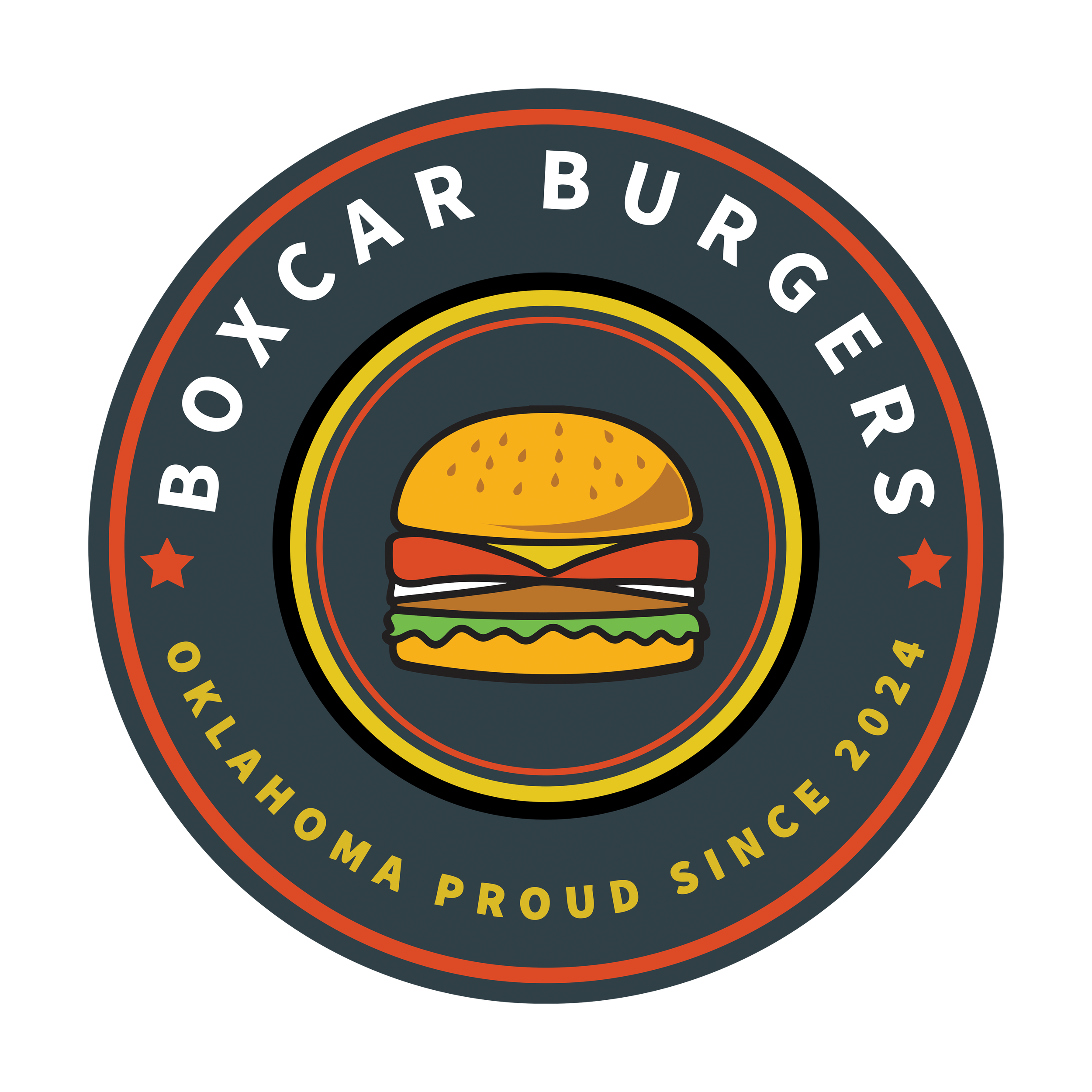 Logo for Boxer Burgers in Oklahoma, featuring a cartoon burger with sesame seed bun, lettuce, tomato, cheese, and beef patty, surrounded by a circular badge and slogan 'Oklahoma Proud Since 2024'