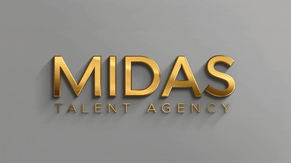 Gold logo on a gray background for 'MIDAS Talent Agency'