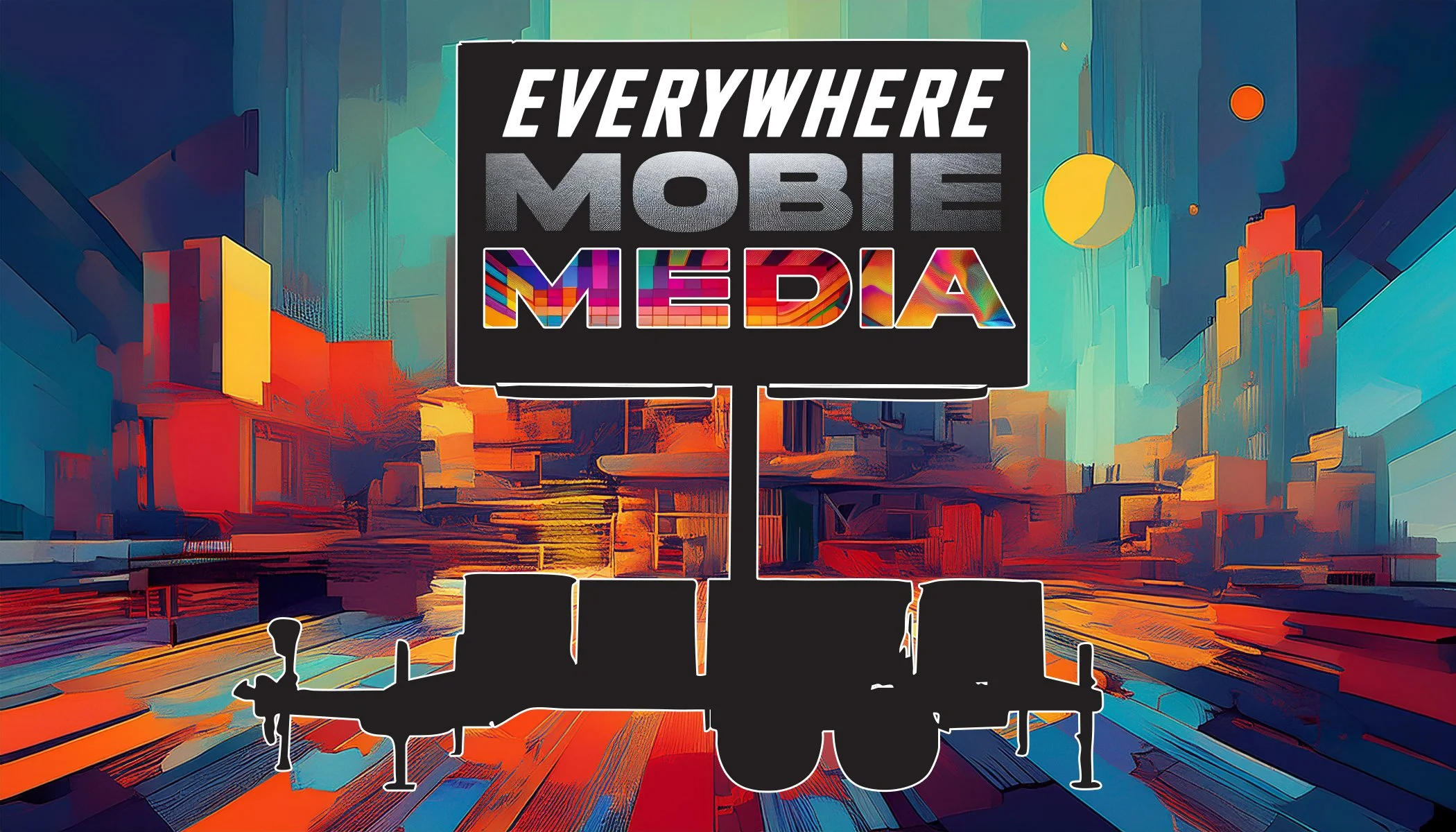 Digital illustration of a cityscape with modern buildings in vibrant colors. Overlaying text reads 'Everywhere Mobile Media' with the word 'Media' in multicolored letters. A black silhouette of a tow truck is in the foreground.