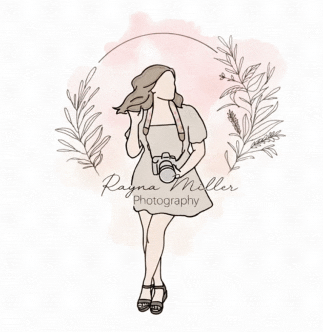 Illustration of a woman holding a camera, wearing a dress and high heels, surrounded by botanical elements with the text 'Rayna Miller Photography'.