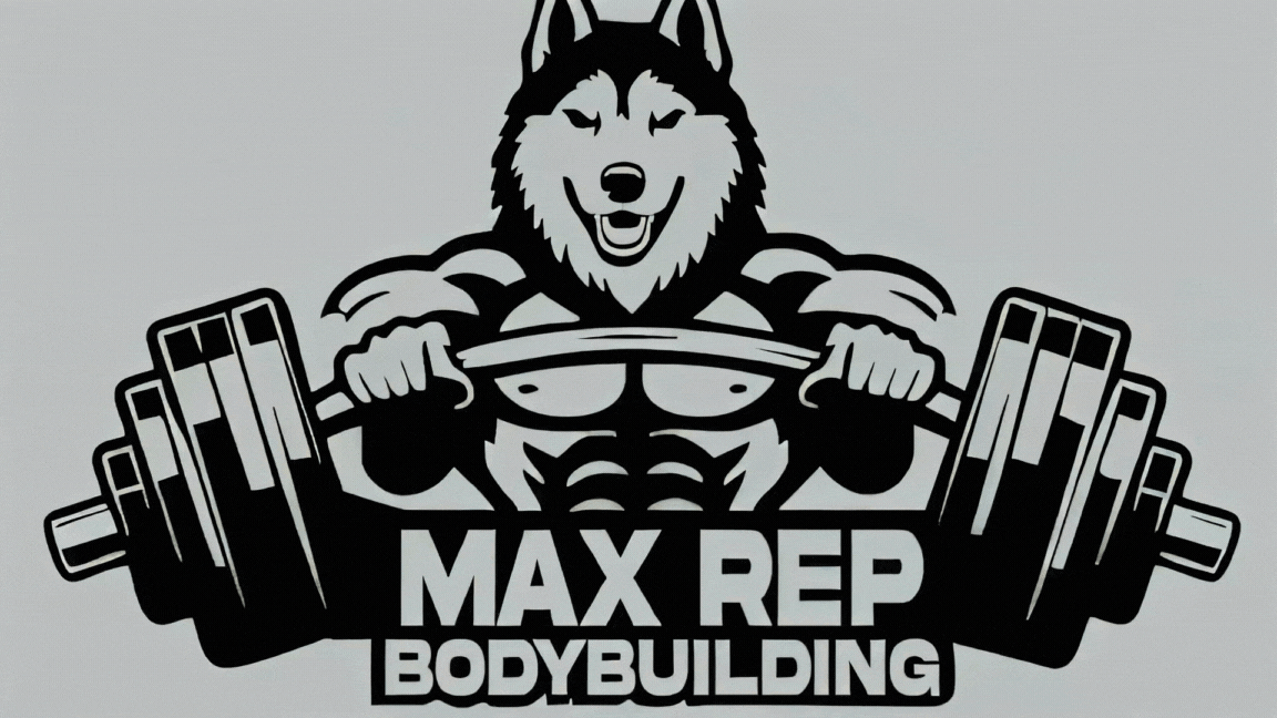 A muscular husky dog lifting a barbell with weights, with the text 'MAX REP BODYBUILDING' below.
