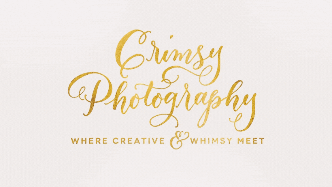 Gold and pink cursive text reads 'Crimsy Photography' with a tagline 'Where Creative & Whimsy Meet' on a light pink background.