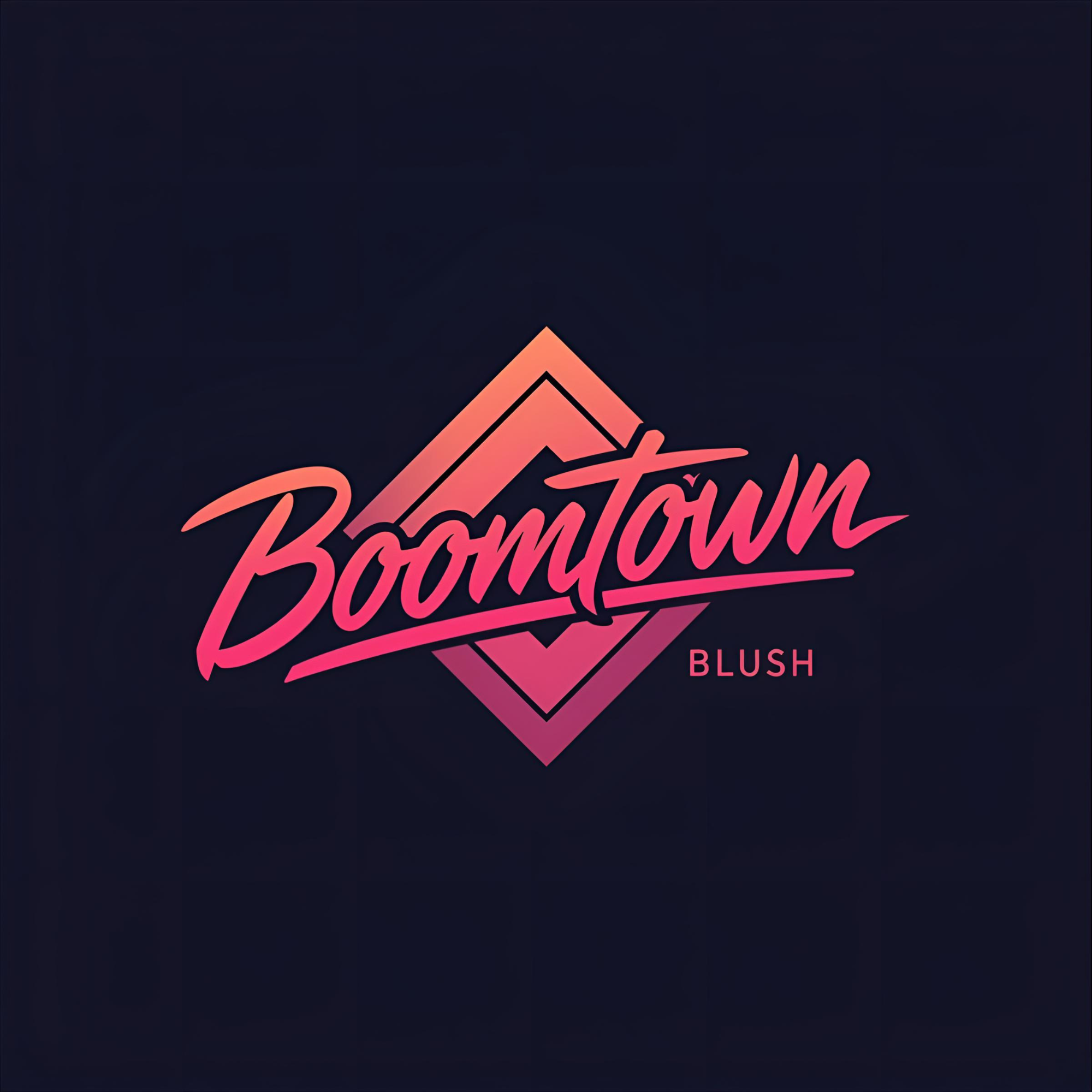 Retro-style neon sign reading "Boomtown" with the word "BLUSH" underneath, set against a dark background.