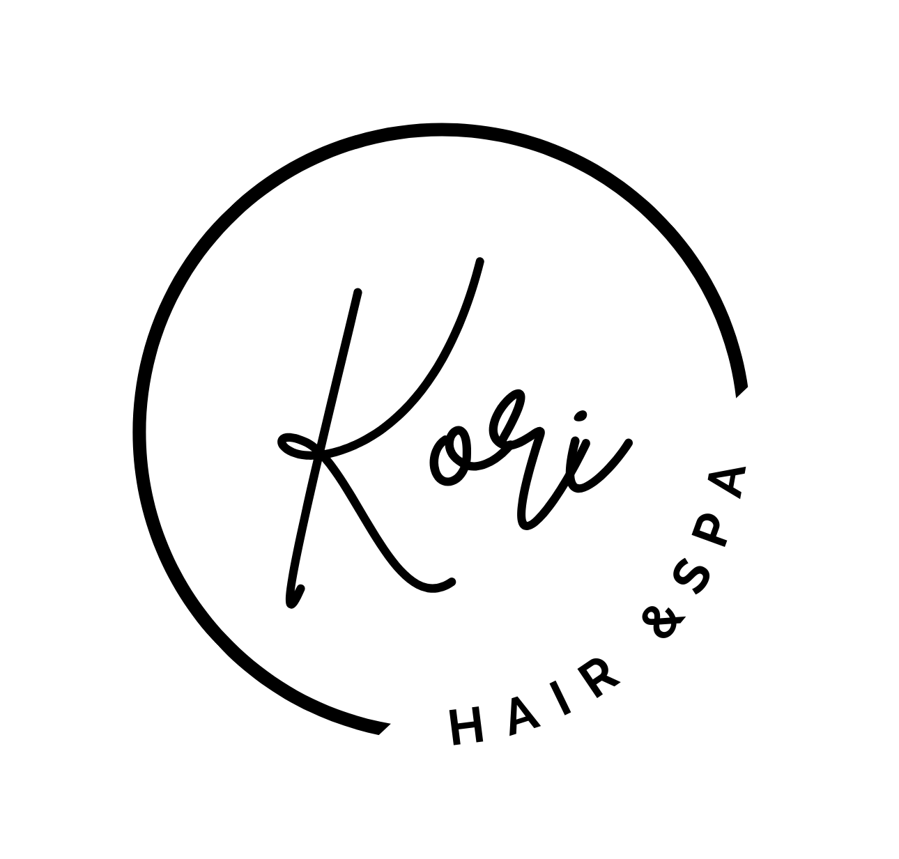 Logo for Roji Hair & Spa with a stylized circular design and the text 'Roji' in handwritten style and 'Hair & Spa' in uppercase below.