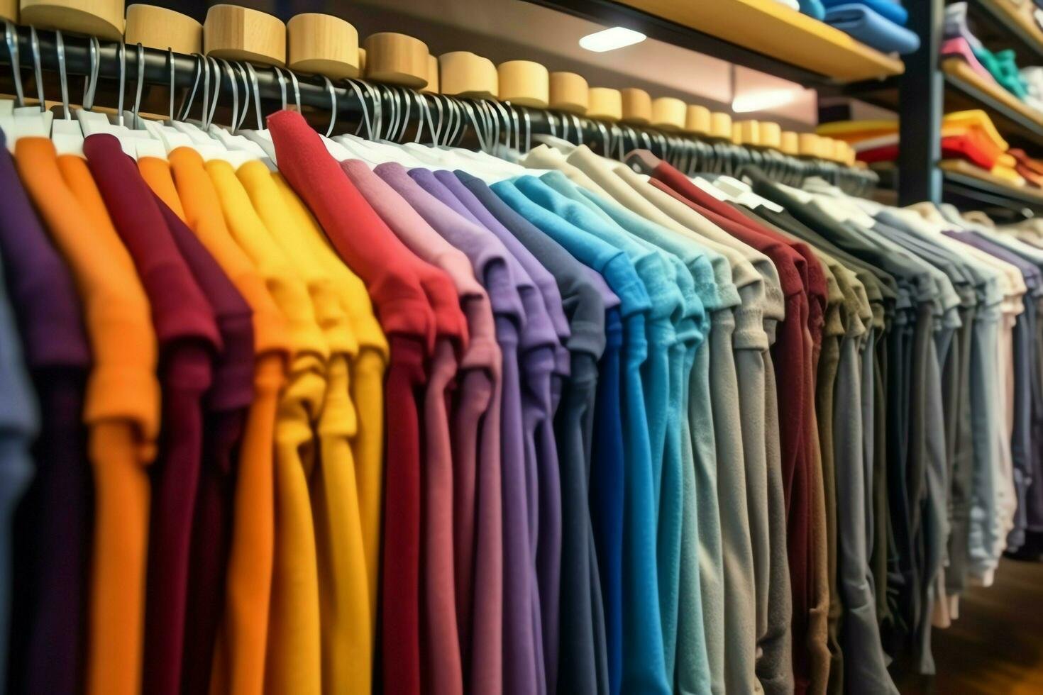 Colorful casual hoodies hanging on a black metal rack in a clothing store.