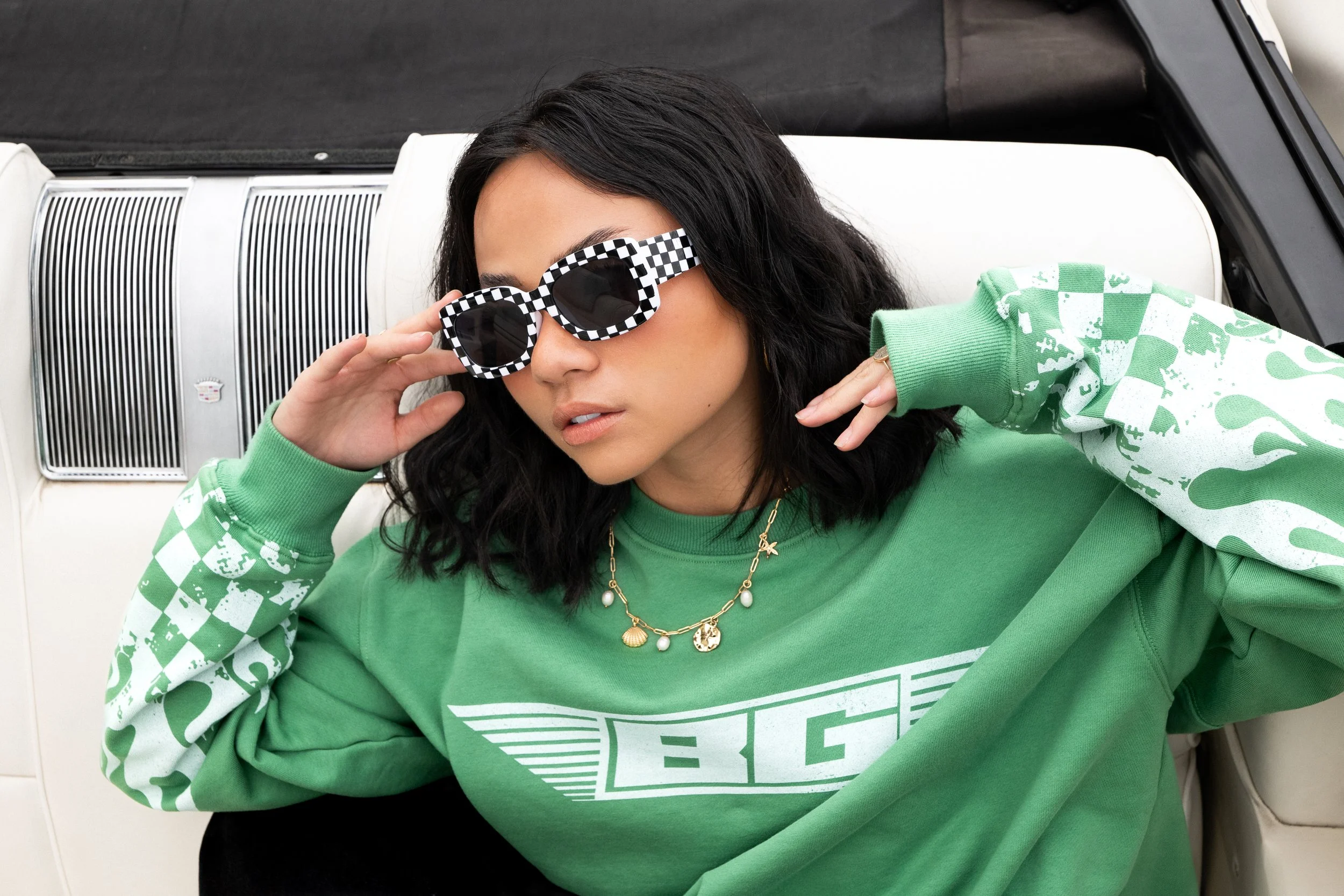 Christian clothing brand Be Good Bi'Gud streetwear for men and women race car themed green crewneck