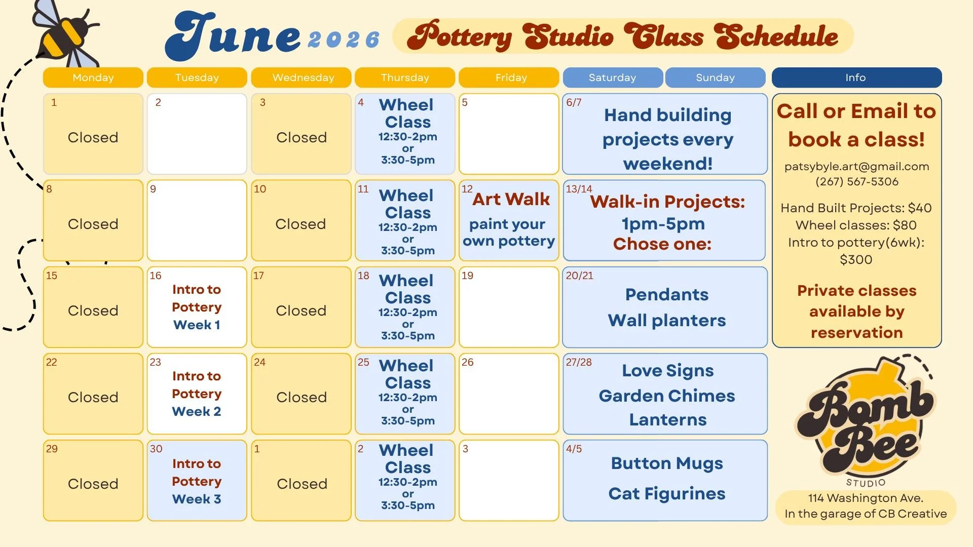 June Pottery Studio Classes