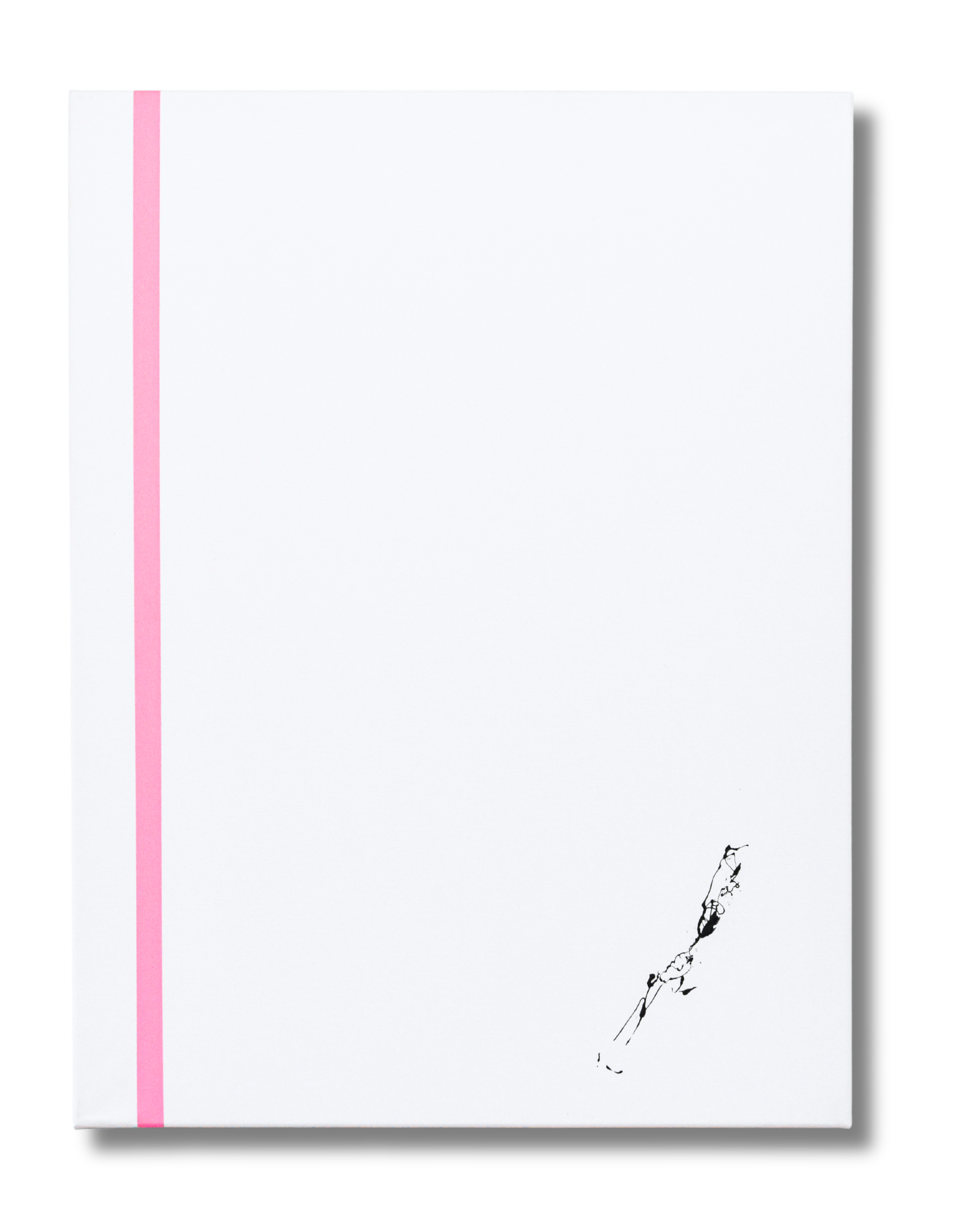 Minimalist art with a white background, a black splash of paint at the bottom right, and a vertical pink stripe on the left.