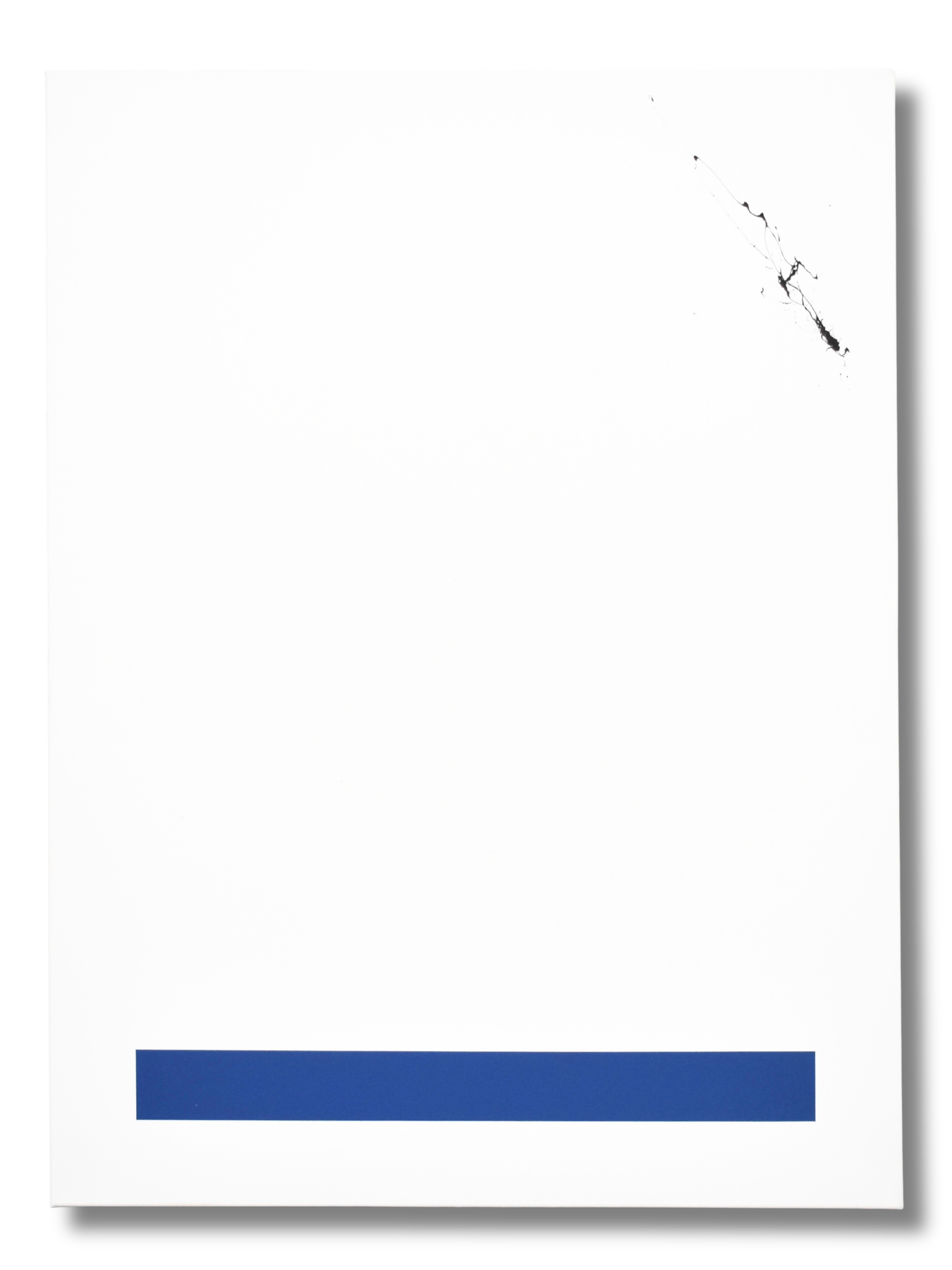 Minimalist art with a white background, a black splash of color at the top right, and a horizontal blue rectangle at the bottom.