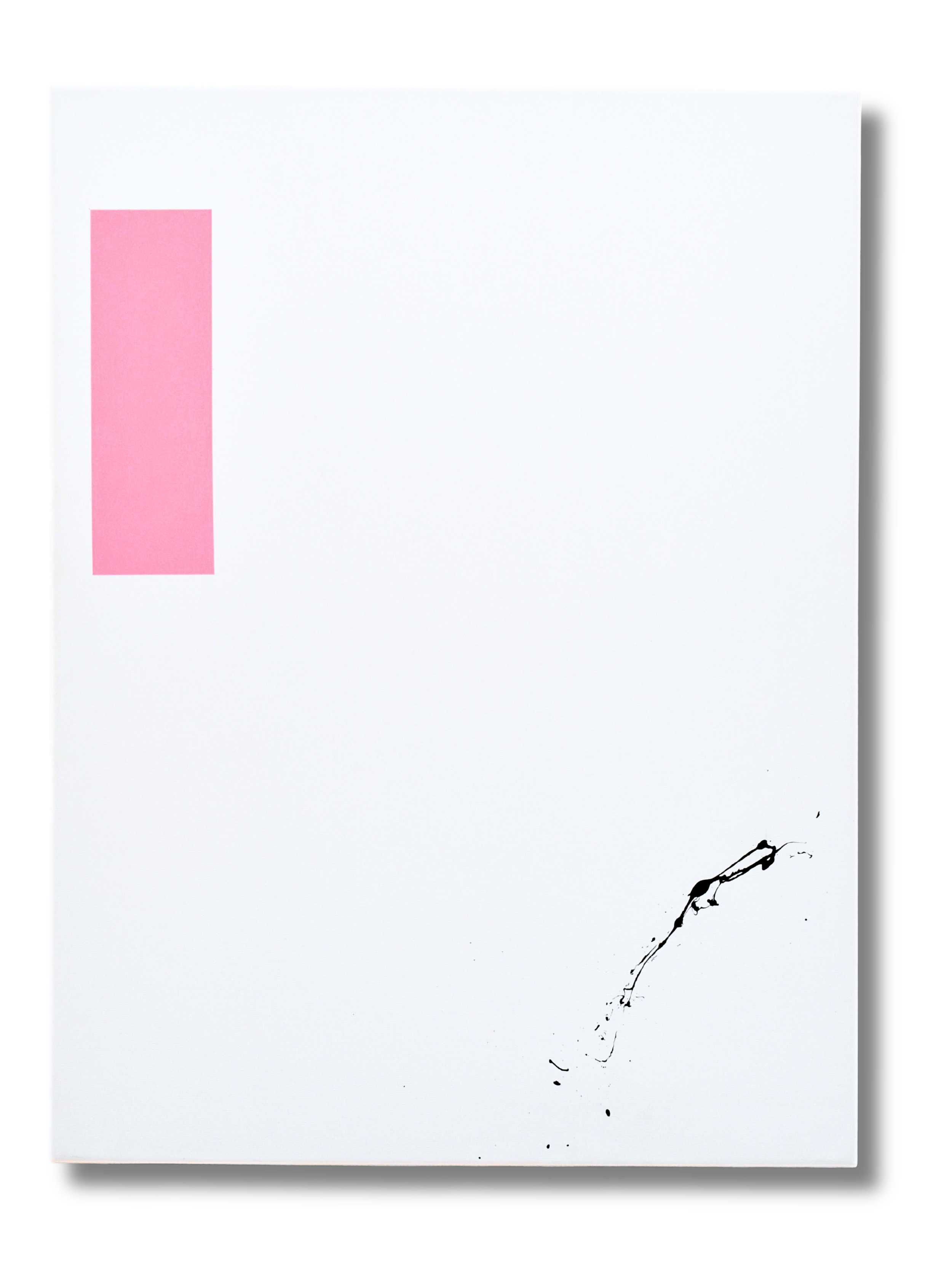 Minimalist art with a white background, a black splash of paint at the bottom right, and a vertical pink rectangle on the top left.
