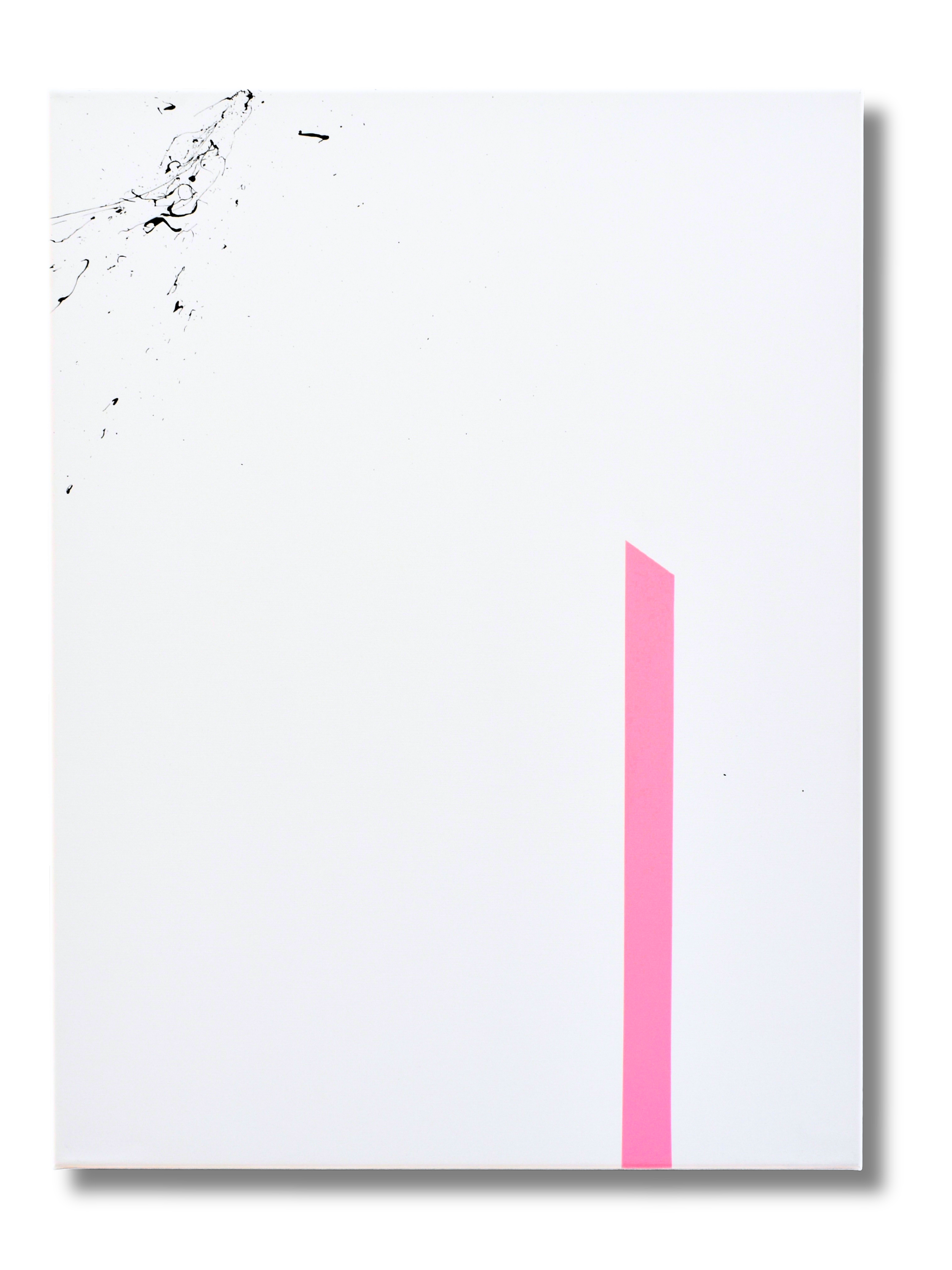 Minimalist art with a white background, a black splash of paint in the top left, and a vertical pink stripe on the right.