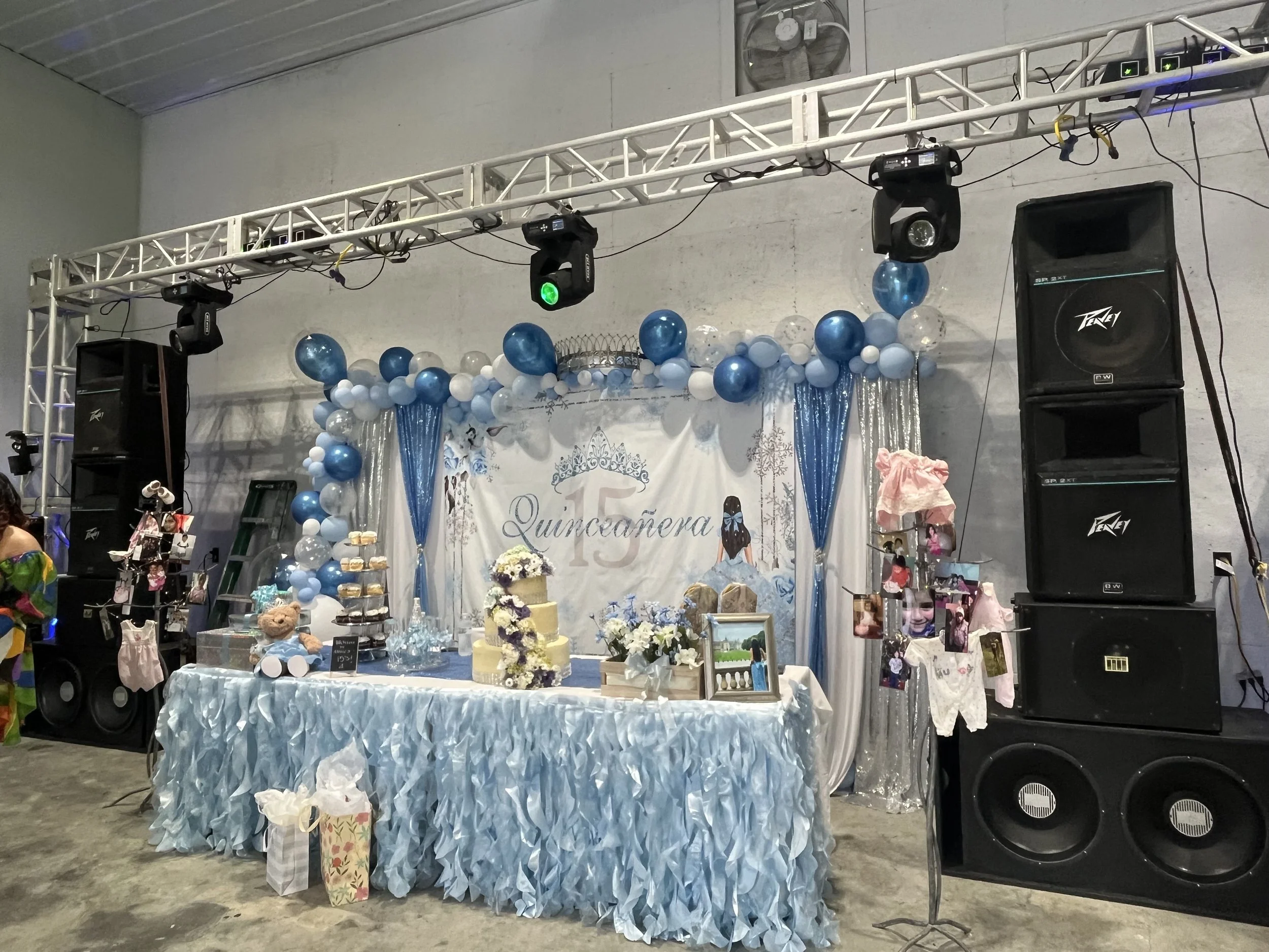 Blue Quinceañera Setup with sound system