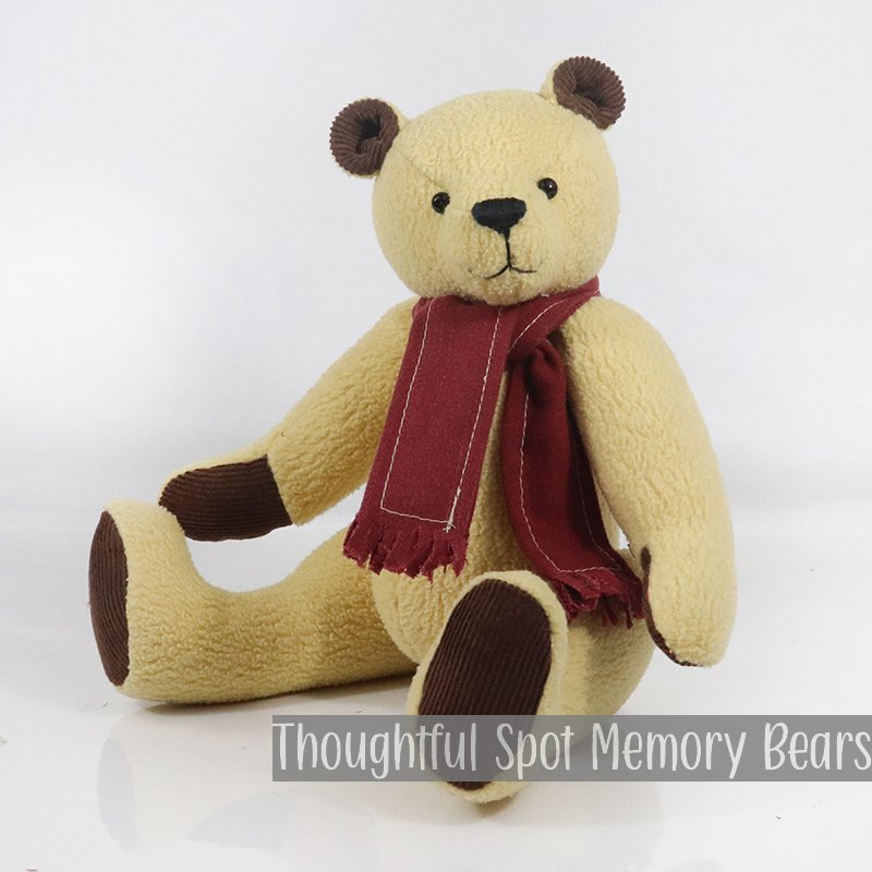 AVAILABLE - small standard bear made from vintage blanket and thrifted fabrics © 2026