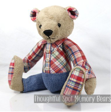 special order for Grace - medium dressed bear made using men's shirt and jeans © 2025